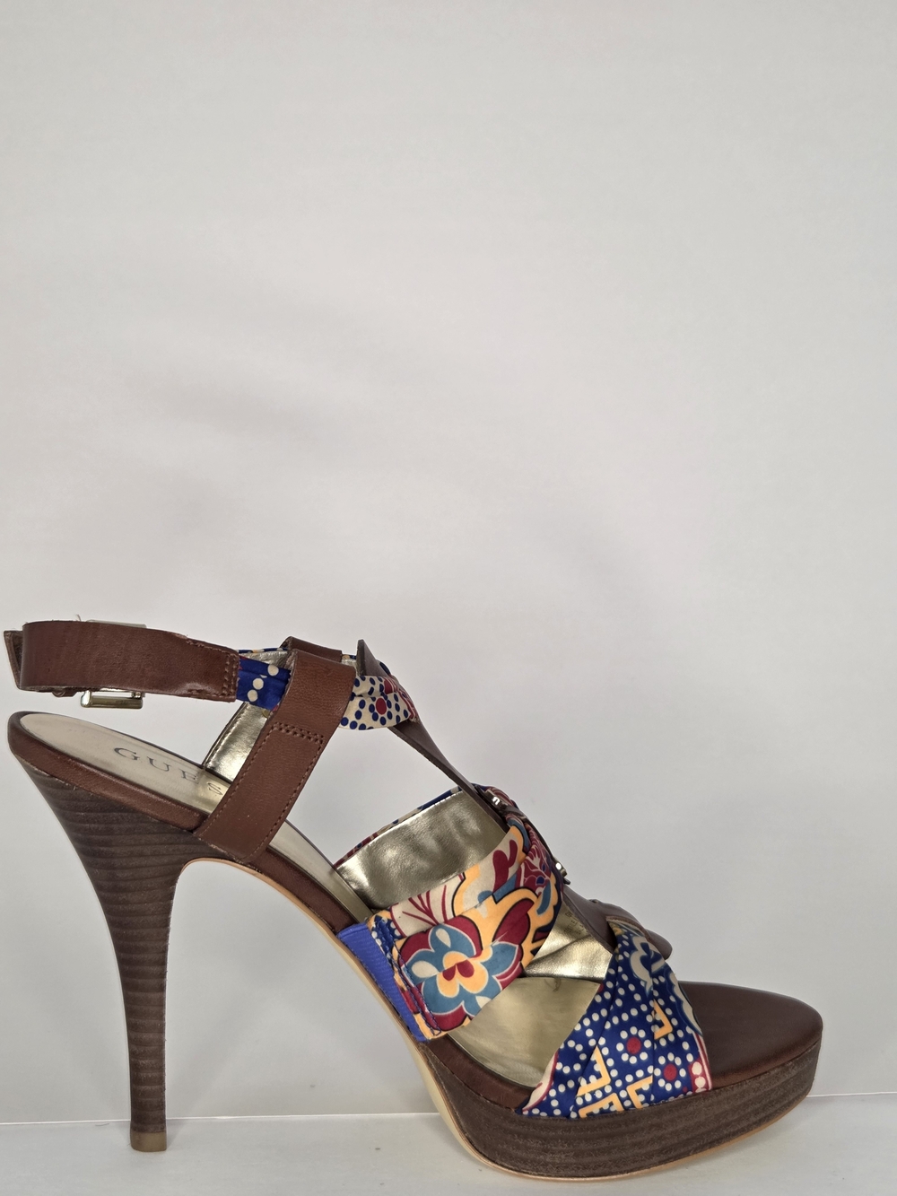 GUESS Kaedi Brown Leather Multi Floral Fabric Platform Sandals Heels - Picture 6 of 12
